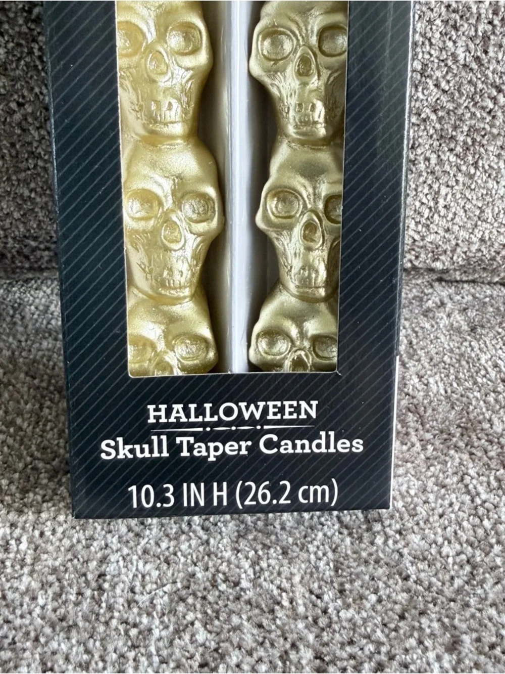 NWB Celebrate! Set of two gold colored Halloween Skull Taper Candles 10.3” tall